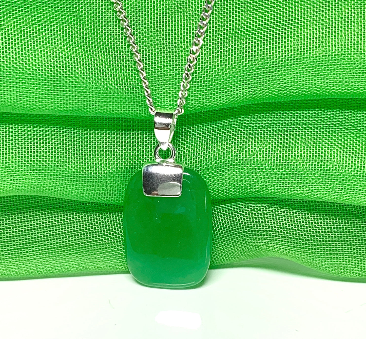 Real green jade necklace cushion shaped stone sterling silver
