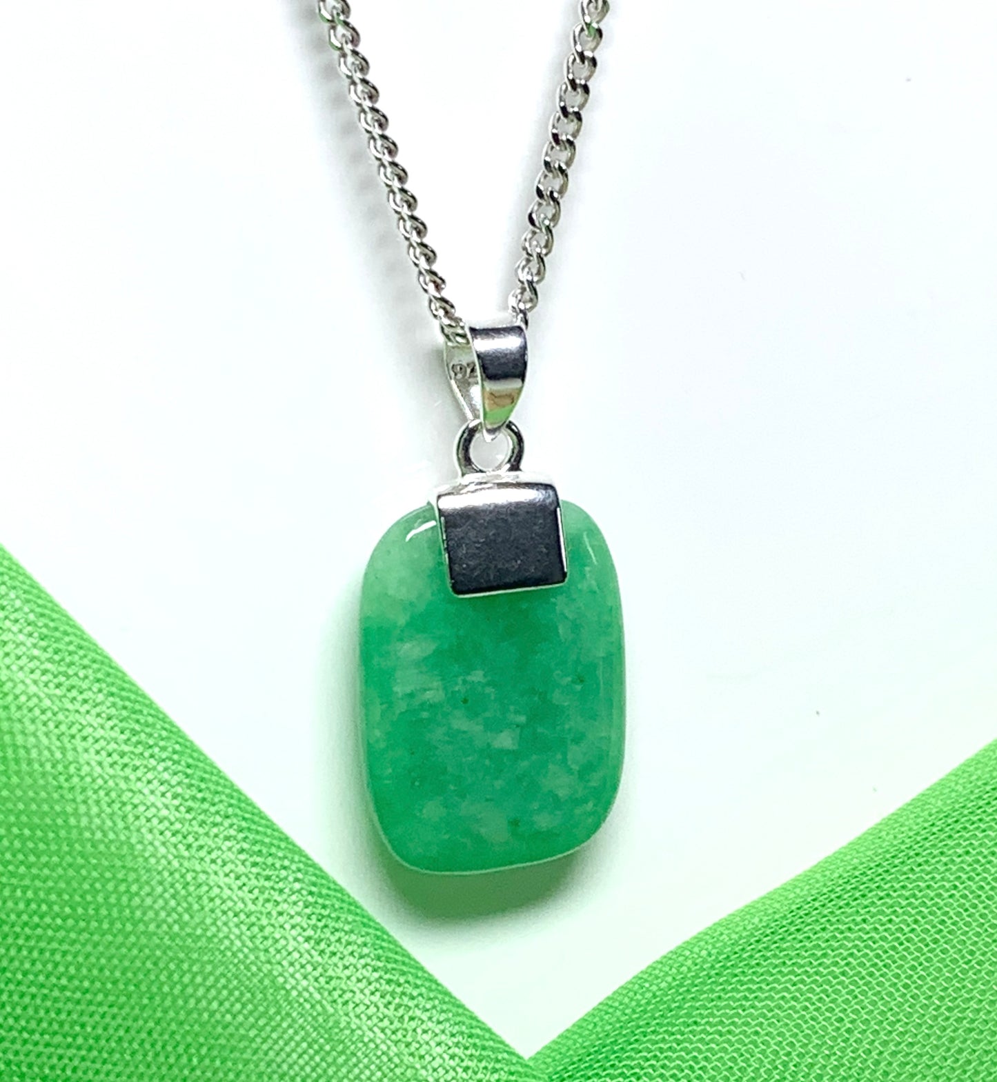 Real green jade necklace cushion shaped stone pendant sterling silver including chain
