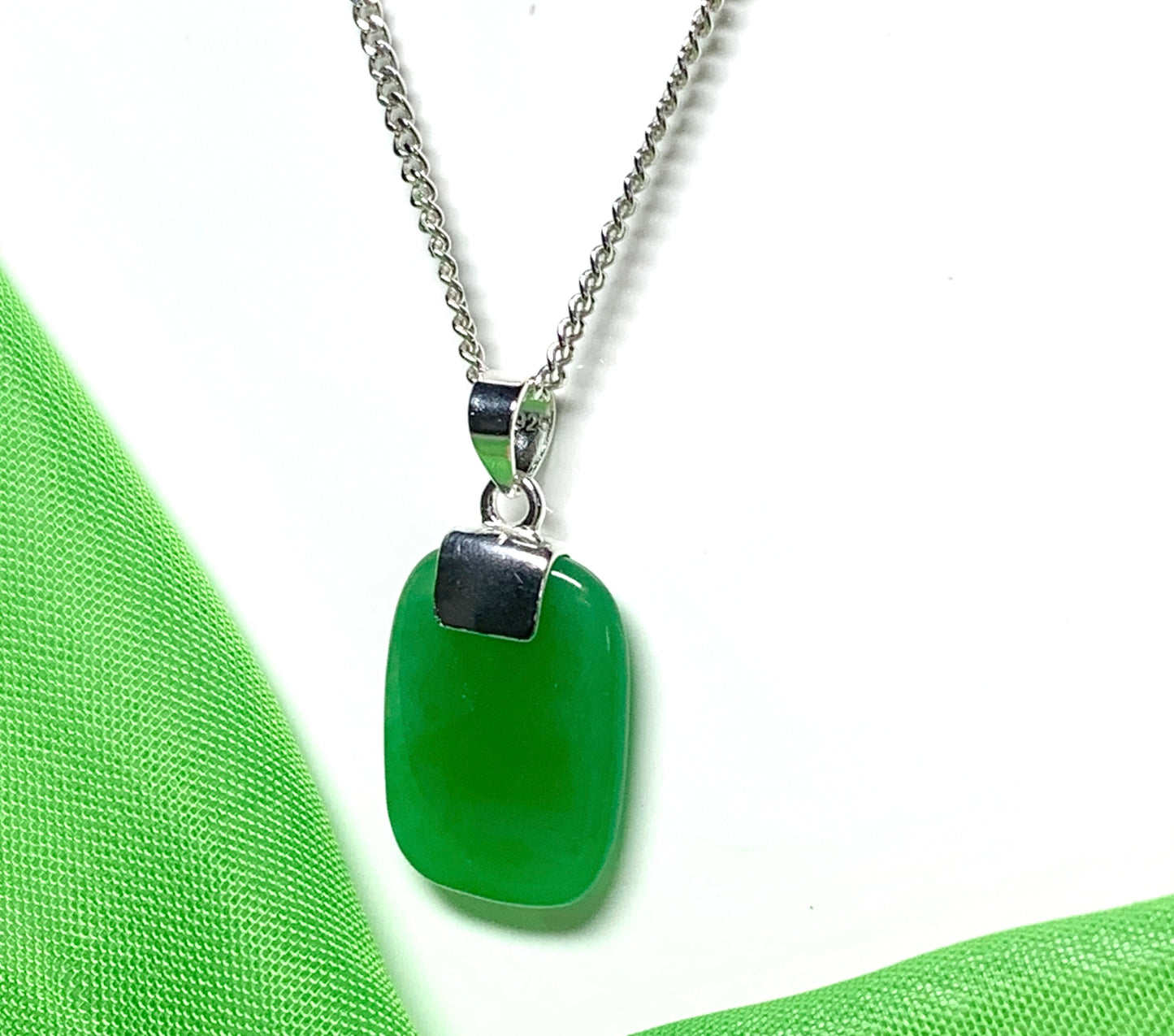 Real green jade necklace cushion shaped stone sterling silver