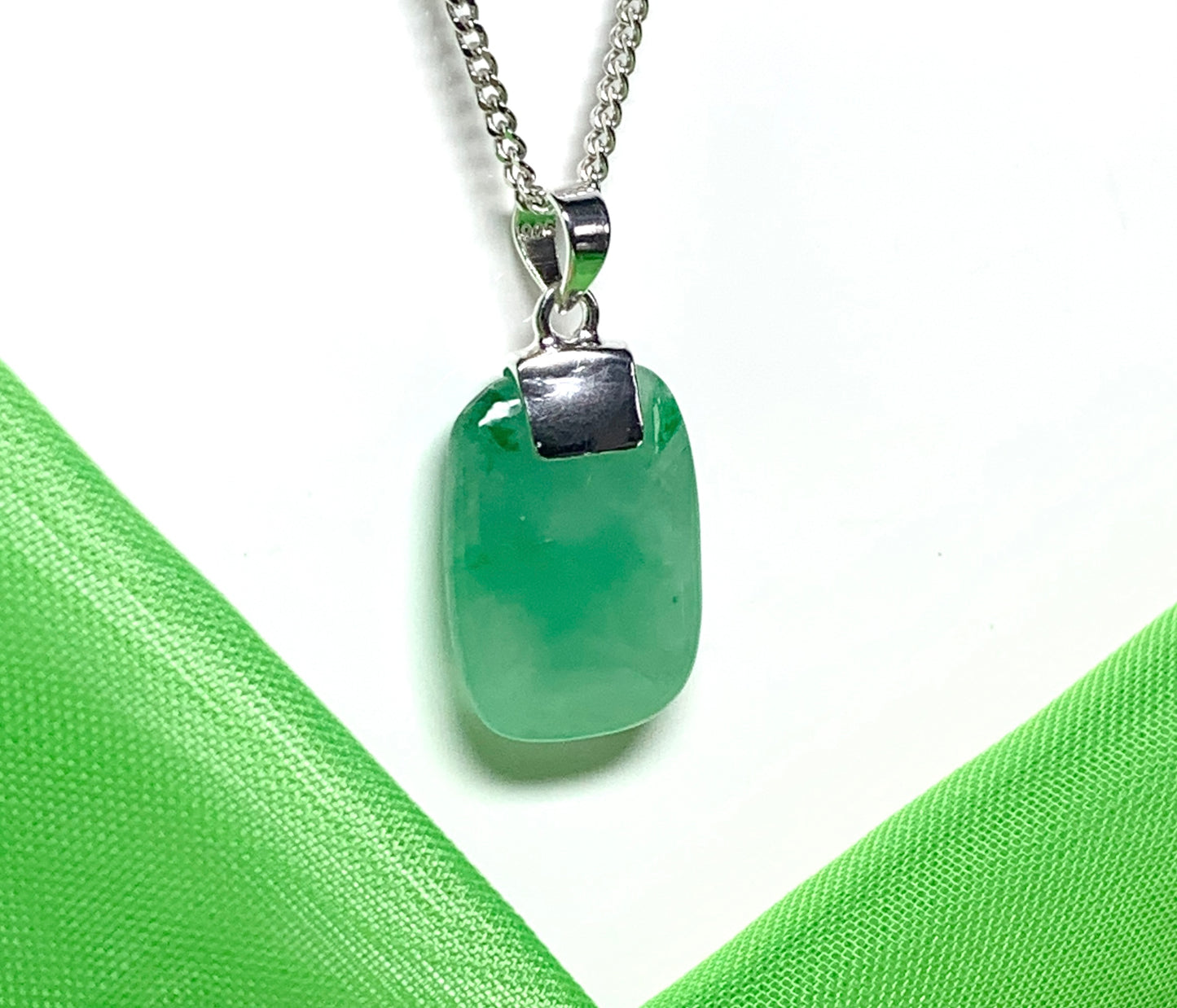 Real green jade necklace cushion shaped stone sterling silver chain included