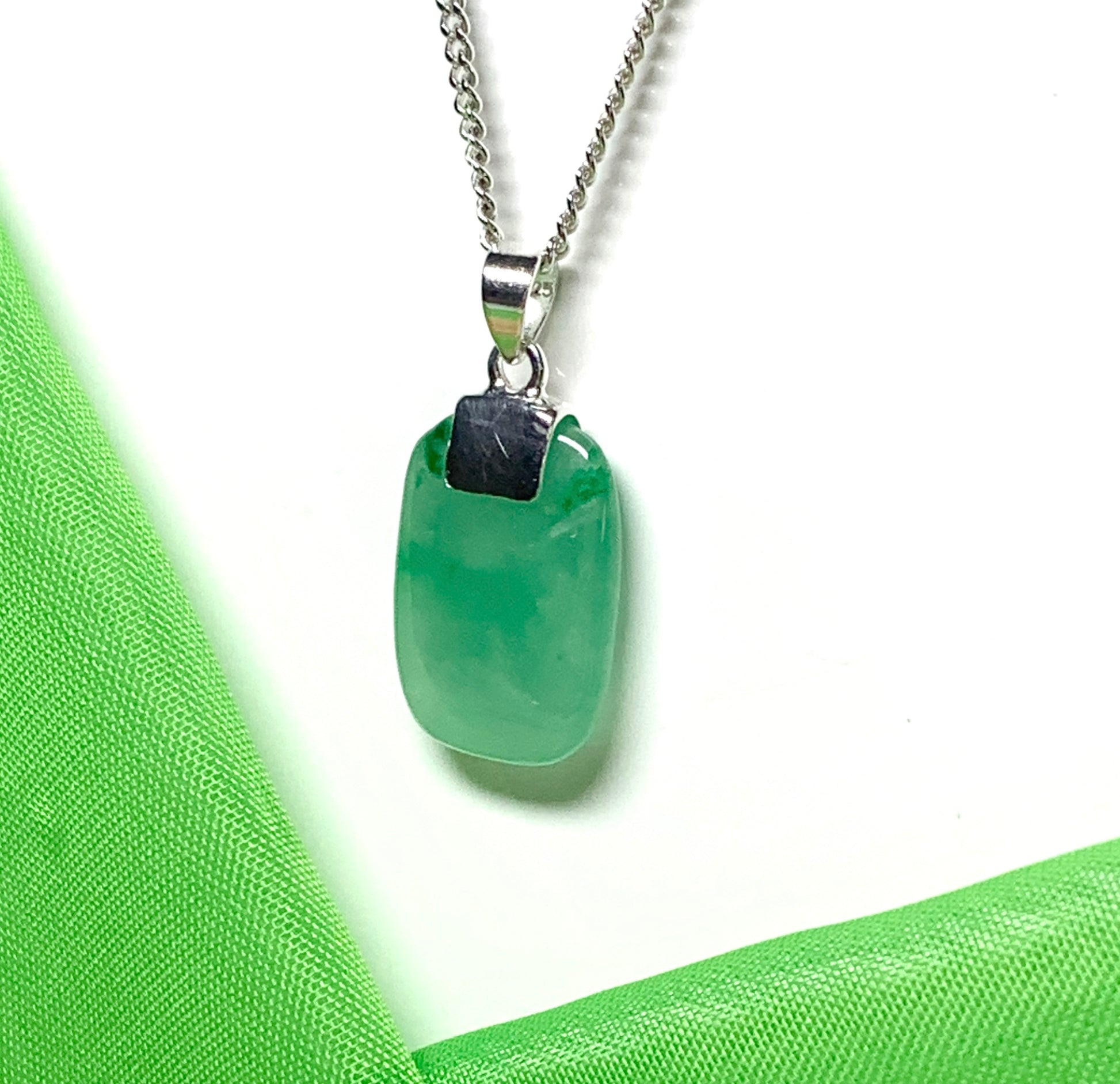 Real green jade necklace cushion shaped stone sterling silver chain included