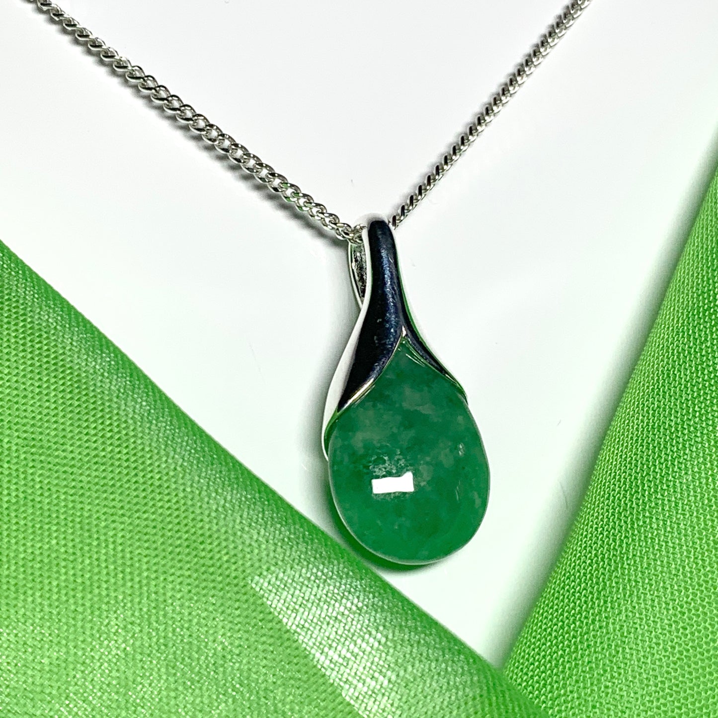 Real green jade necklace pear shaped pendant sterling silver