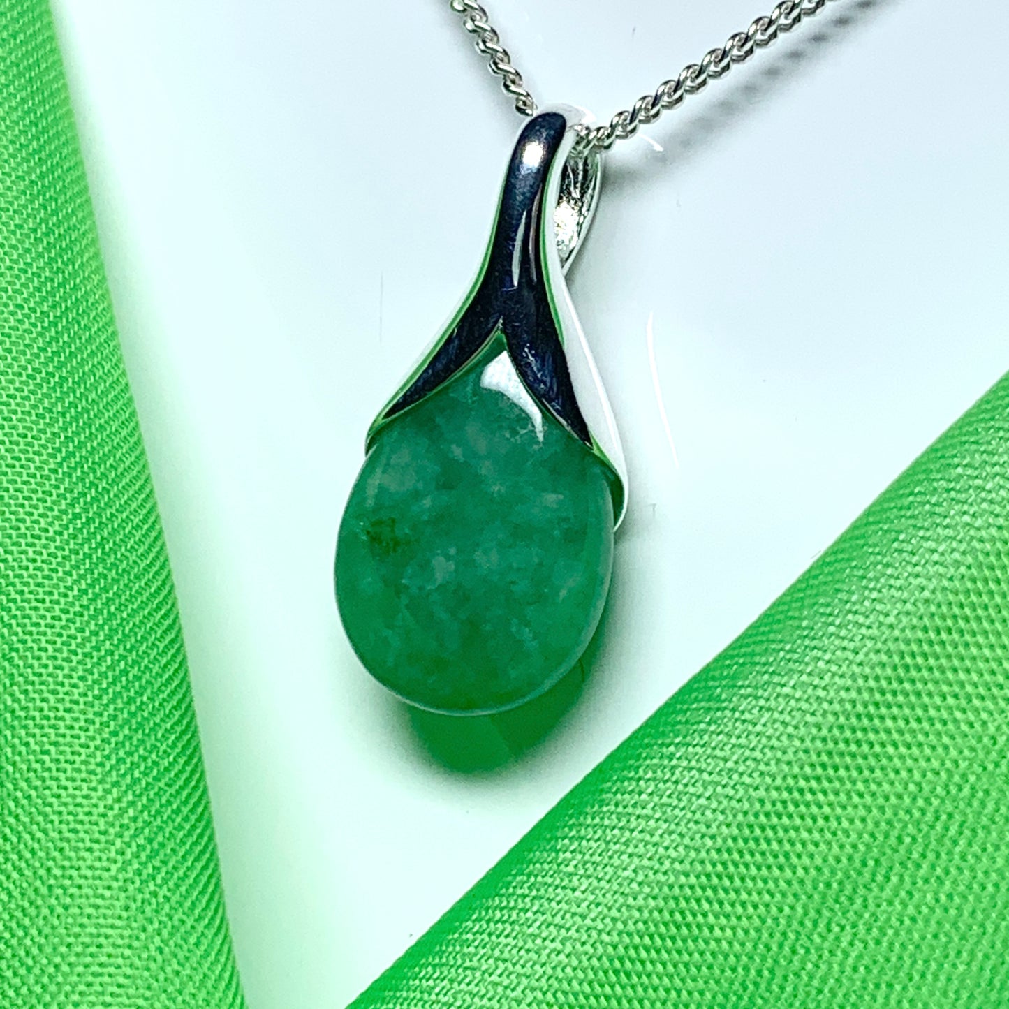 Real green jade necklace pear shaped pendant sterling silver