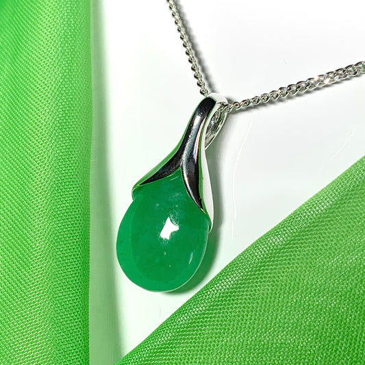 Real green jade necklace tear drop shaped pendant sterling silver