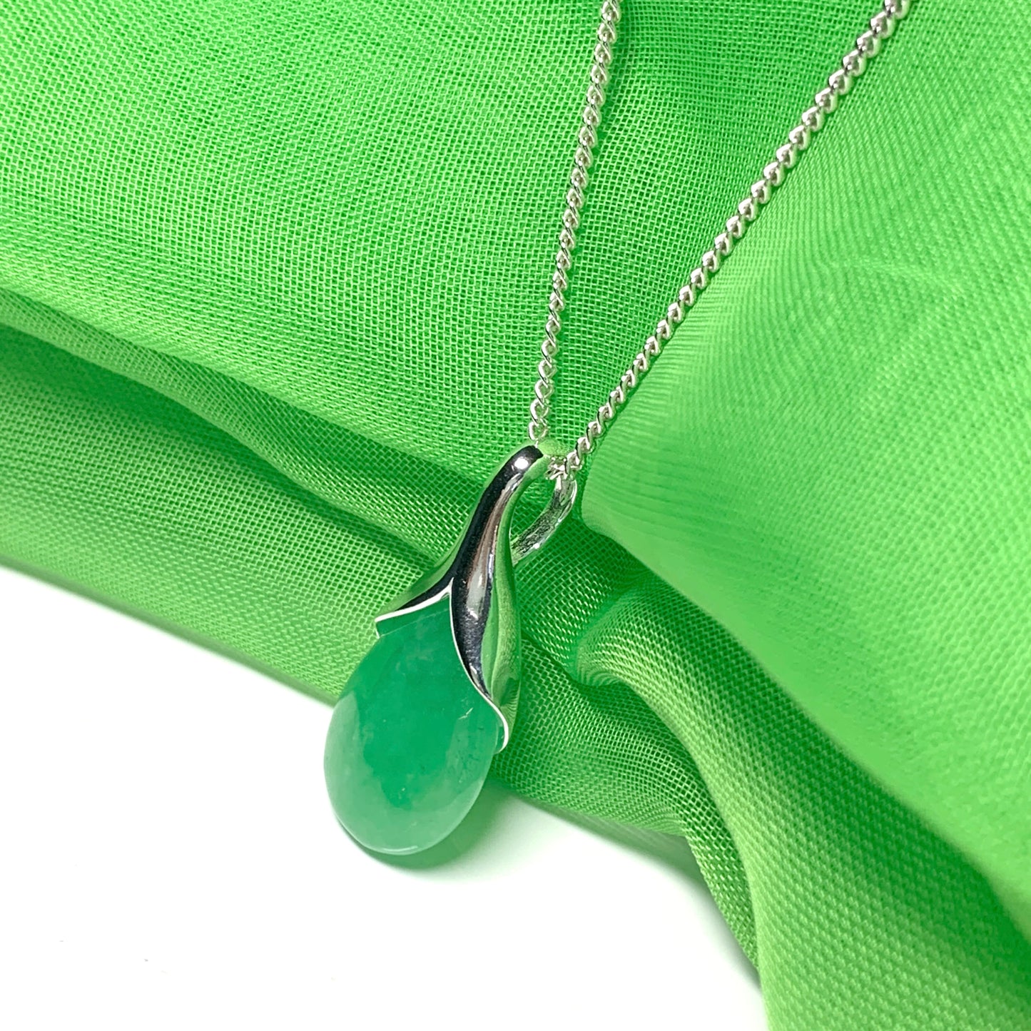 Real green jade necklace tear drop shaped pendant sterling silver