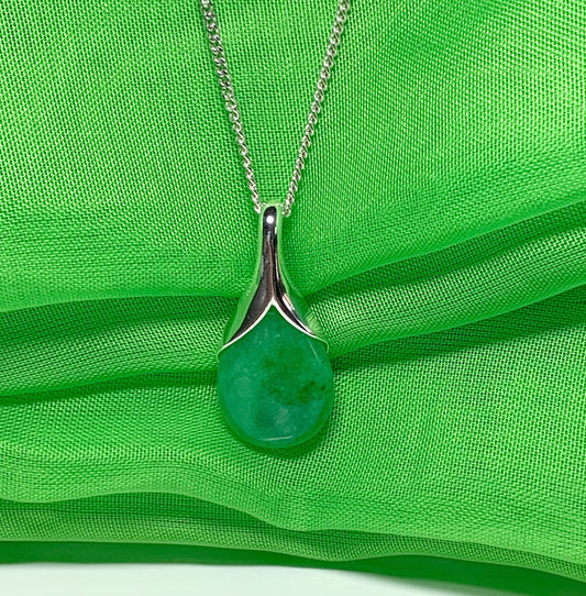Real green jade tear drop sterling silver pear or teardrop shape pendant