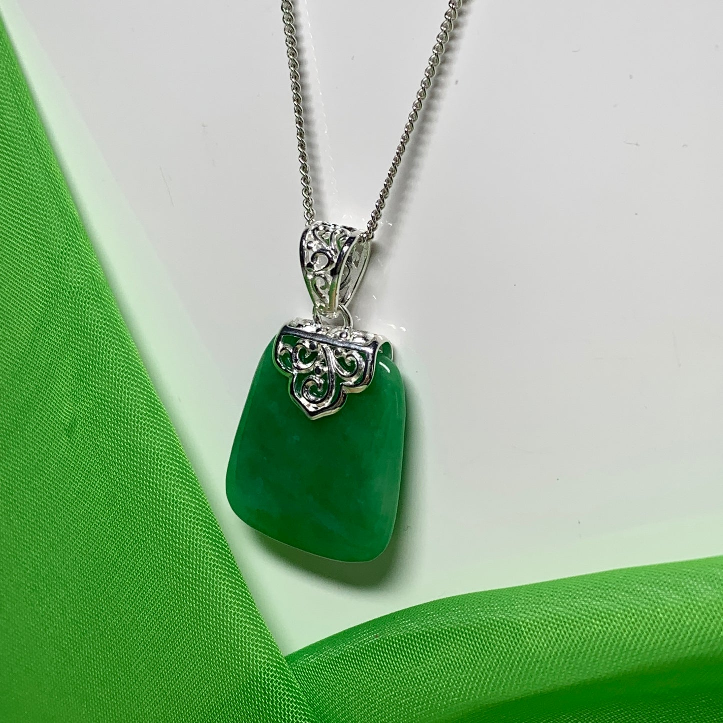 Real jade necklace dark green sterling silver cushion shaped