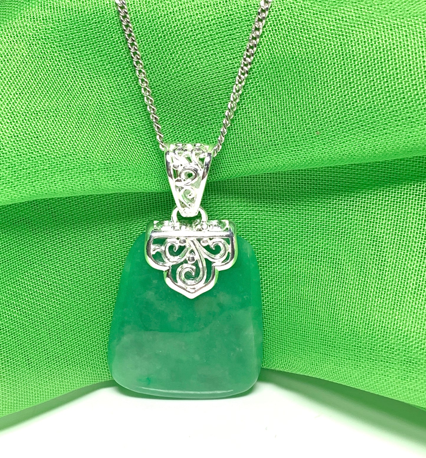 Real jade necklace dark green sterling silver cushion shaped