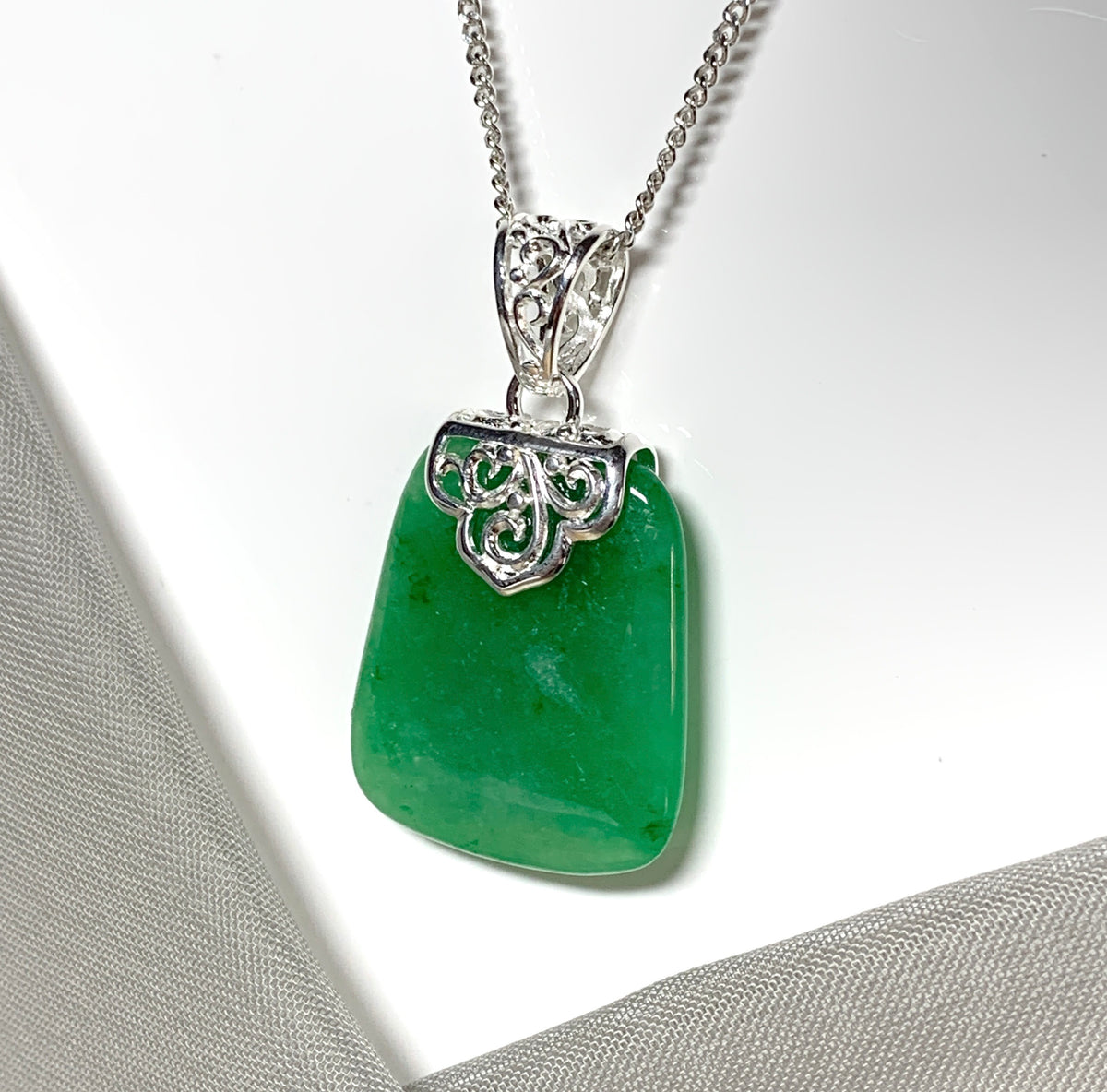 Real jade necklace green sterling silver large cushion shaped