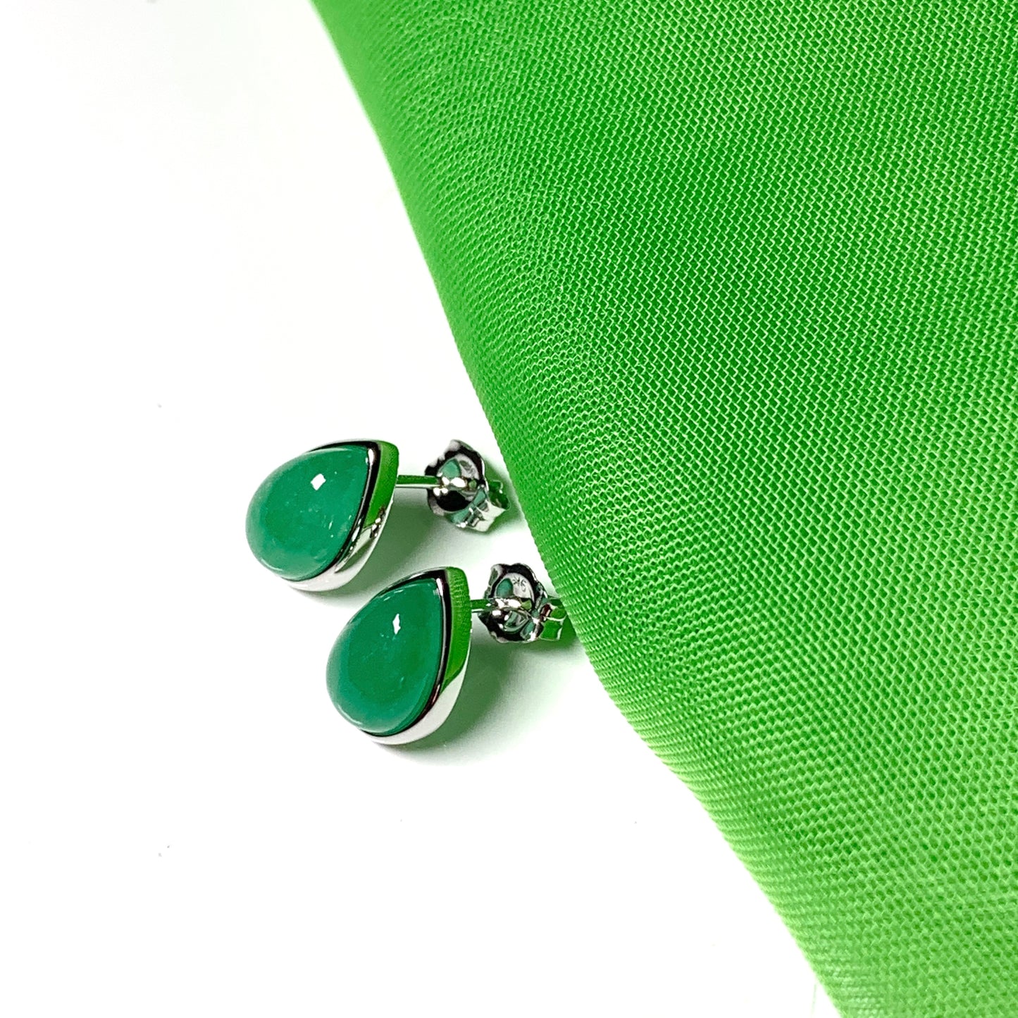 Real jade stud earrings green pear teardrop rubbed over smooth setting white gold