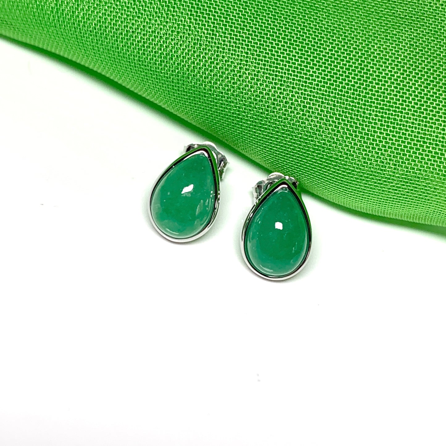 Real jade stud earrings green pear teardrop rubbed over smooth setting white gold