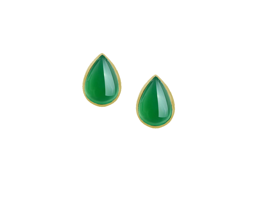 Real jade stud earrings green pear teardrop rubbed over smooth setting yellow gold