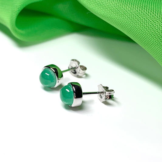Real jade stud earrings green round rubbed over smooth setting white gold