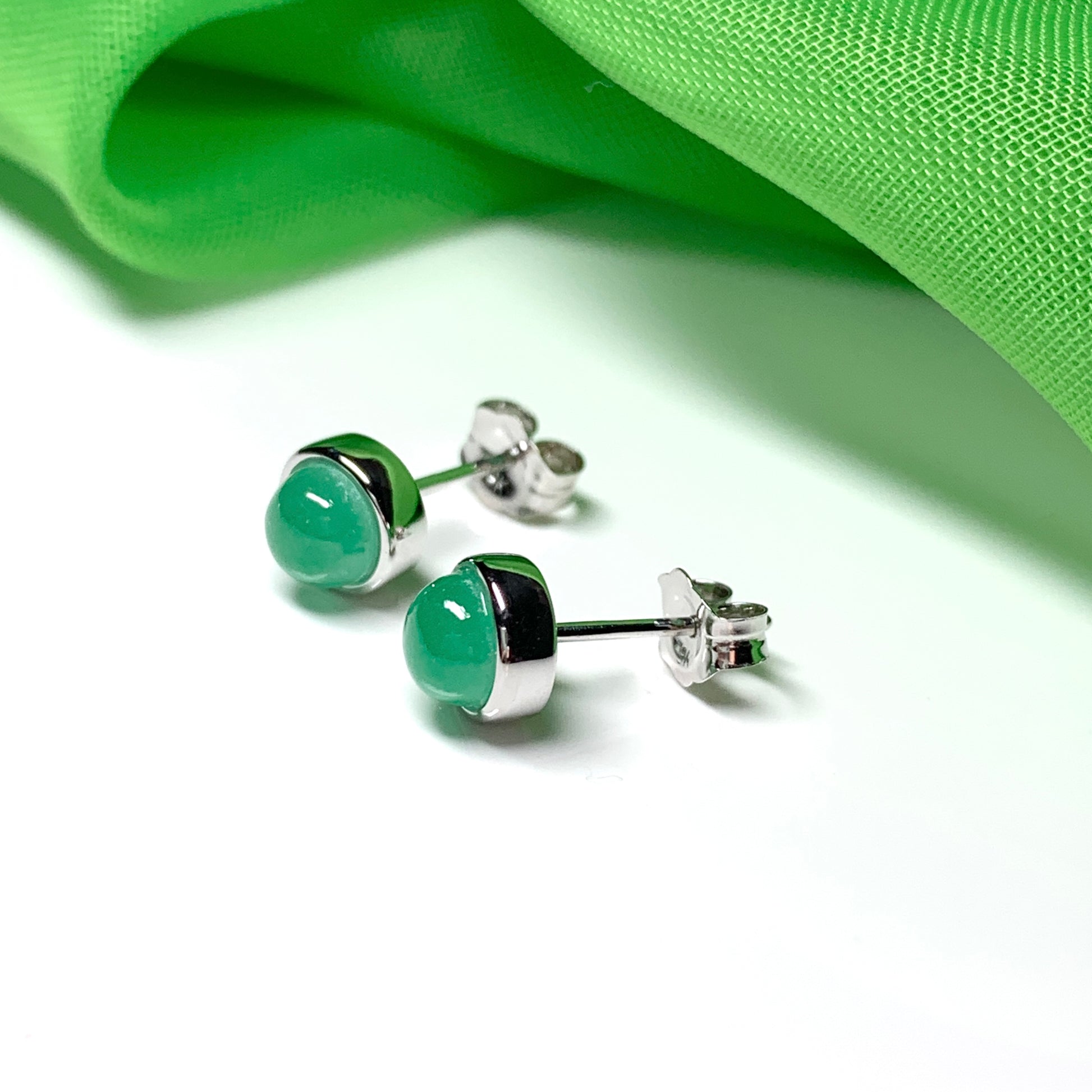 Real jade stud earrings green round rubbed over smooth setting white gold
