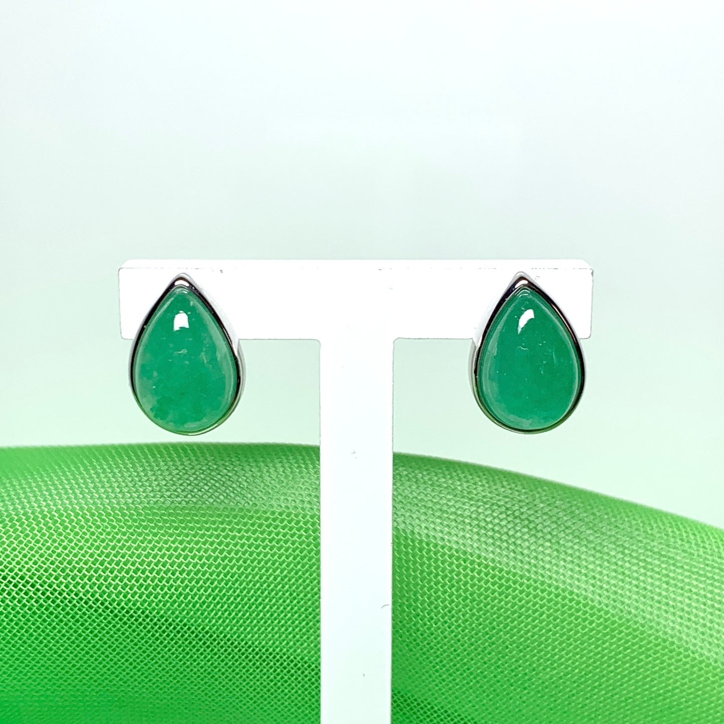 Real jade stud earrings green pear teardrop rubbed over smooth setting white gold