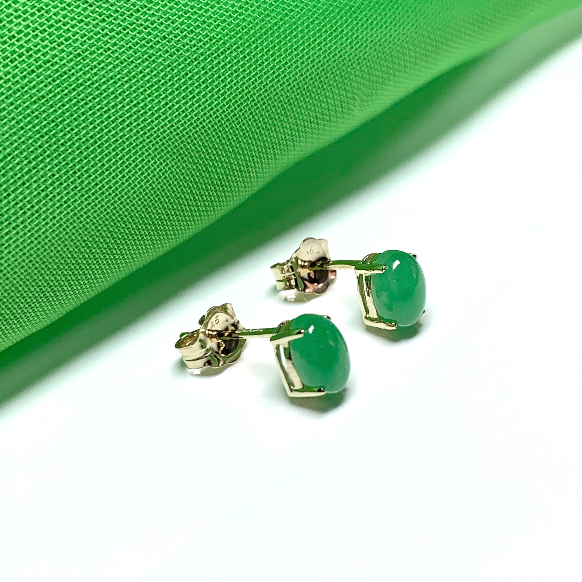 Real jade yellow gold stud earrings oval green