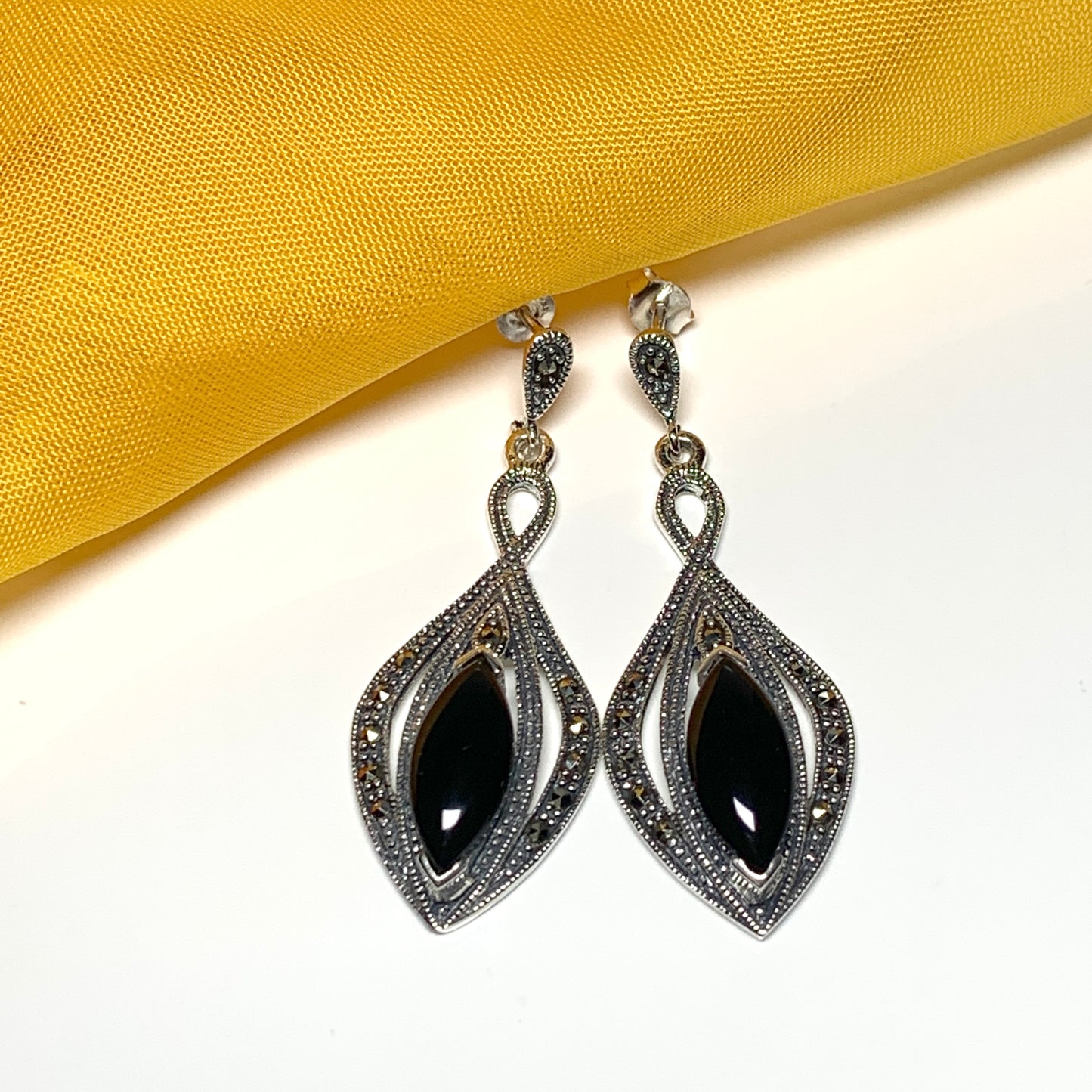 Real black jet and marcasite large drop earrings