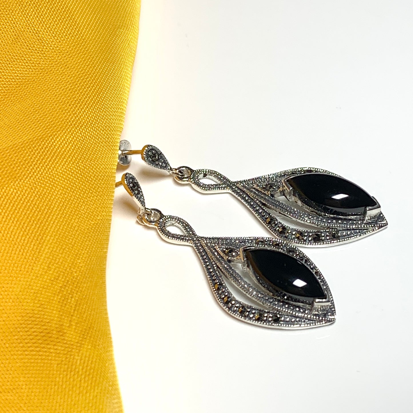 Real black jet and marcasite large drop earrings