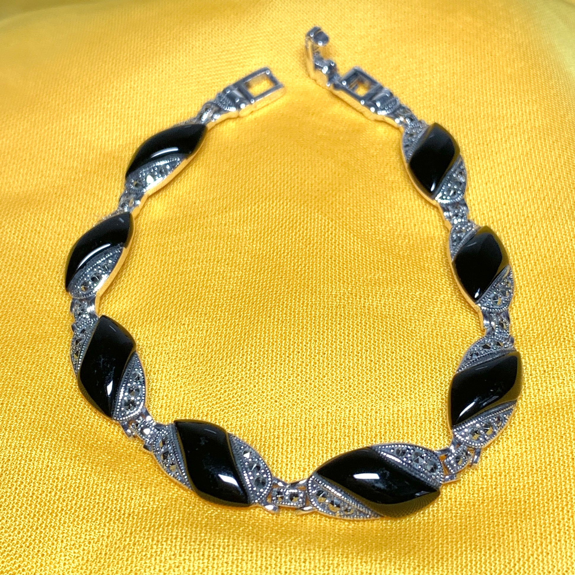 Real onyx bracelet and marcasite sterling silver black marquise shape
