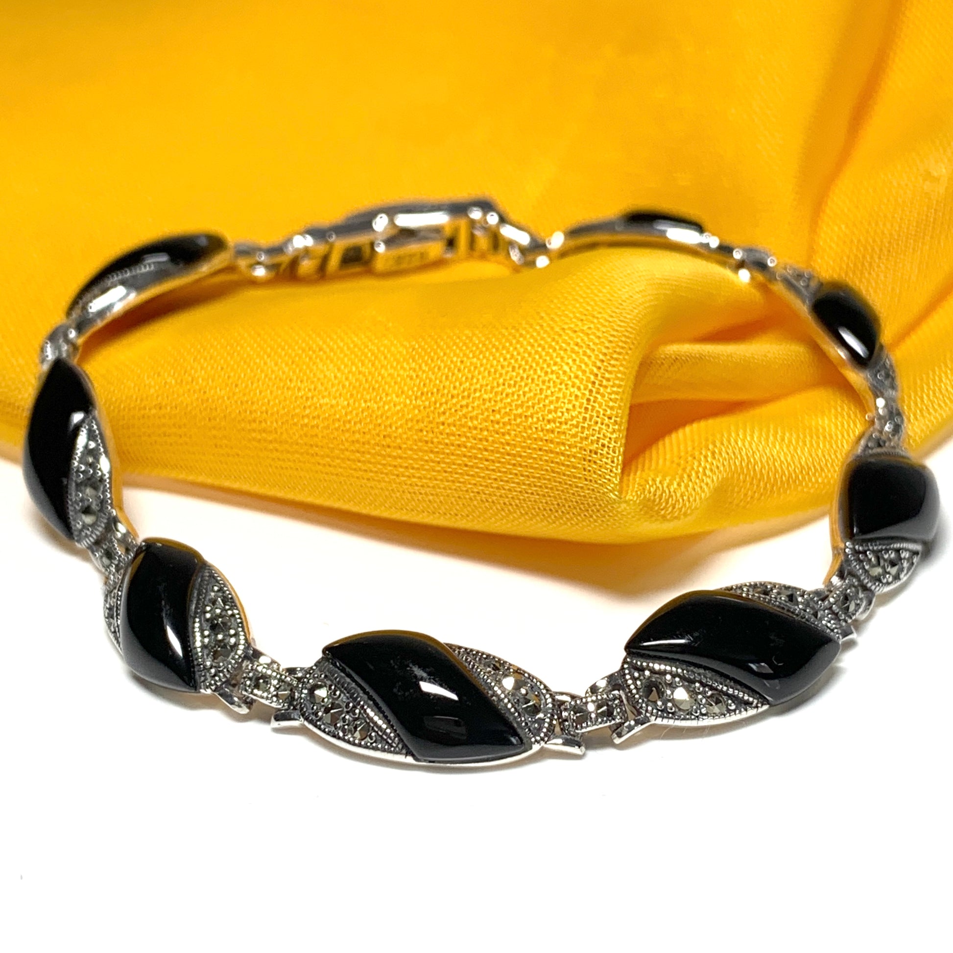 Real onyx bracelet and marcasite sterling silver black marquise shape