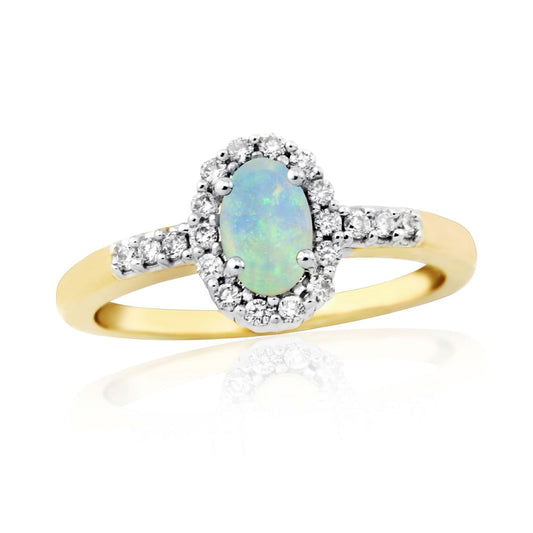 Real opal and diamond yellow gold oval cluster ring
