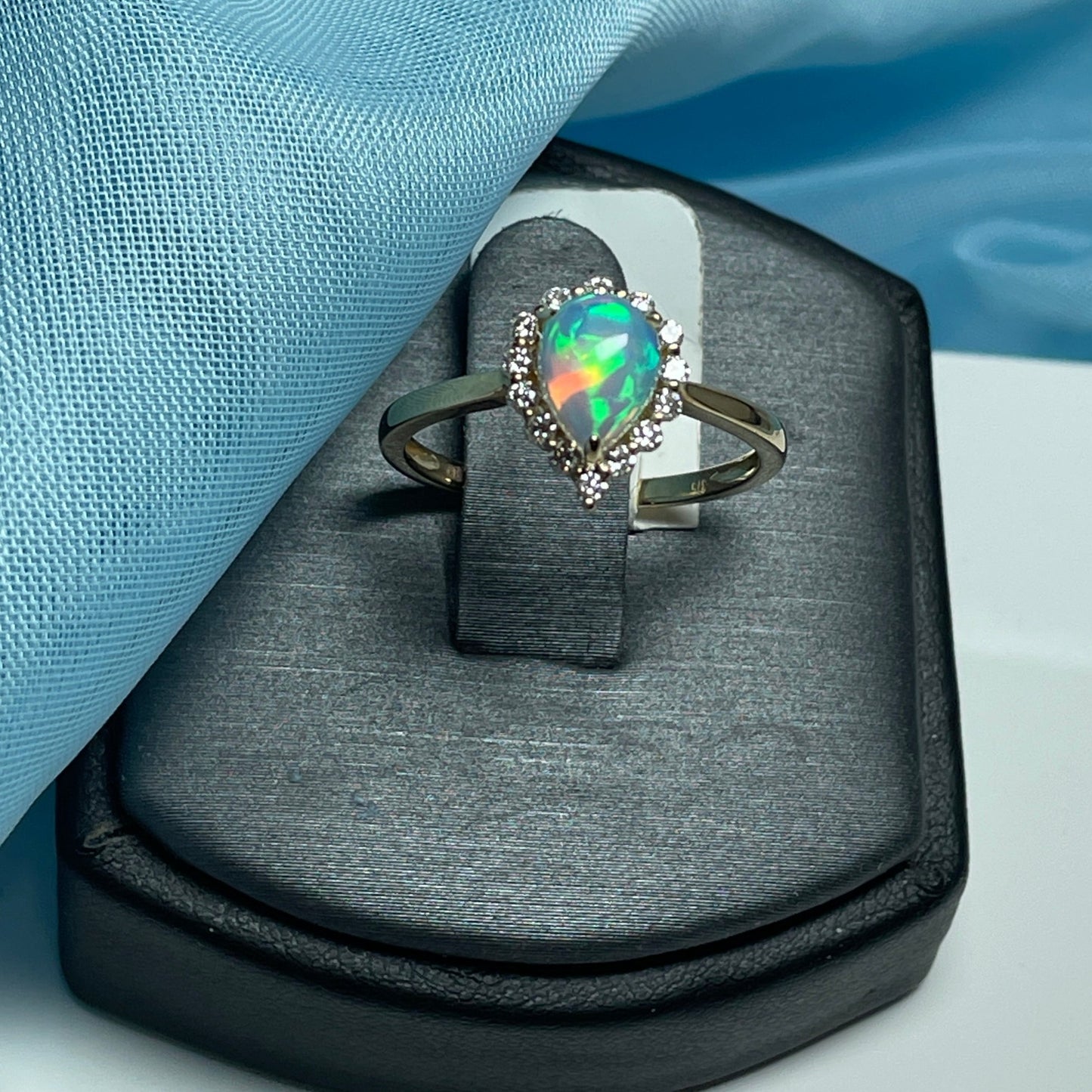 Real opal cluster ring with diamond pear teardrop yellow gold