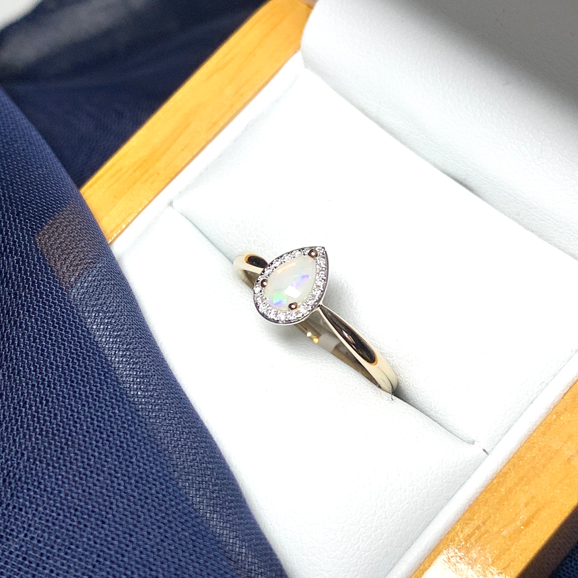 Real opal ring with diamond tear drop pear shaped yellow gold
