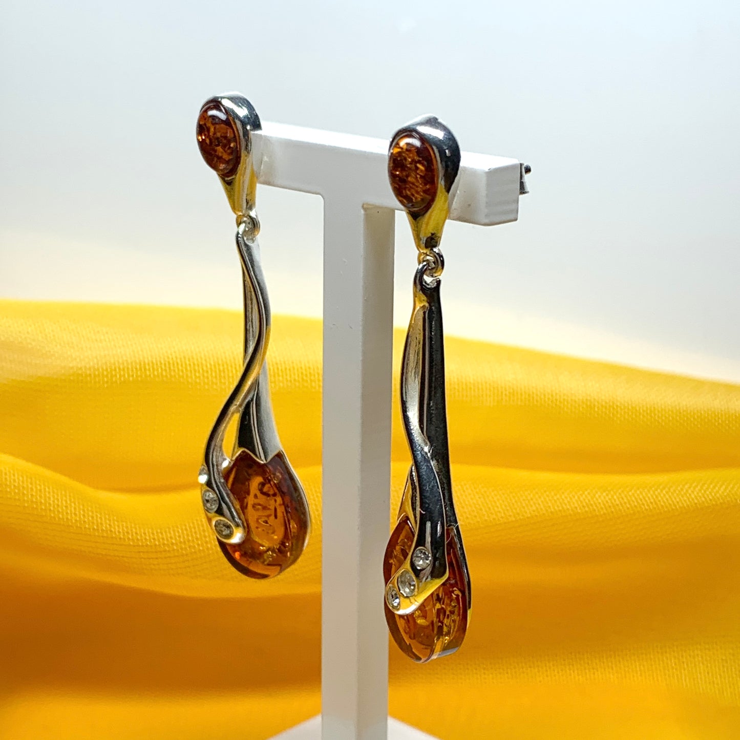 Real amber pear earrings fancy sterling silver