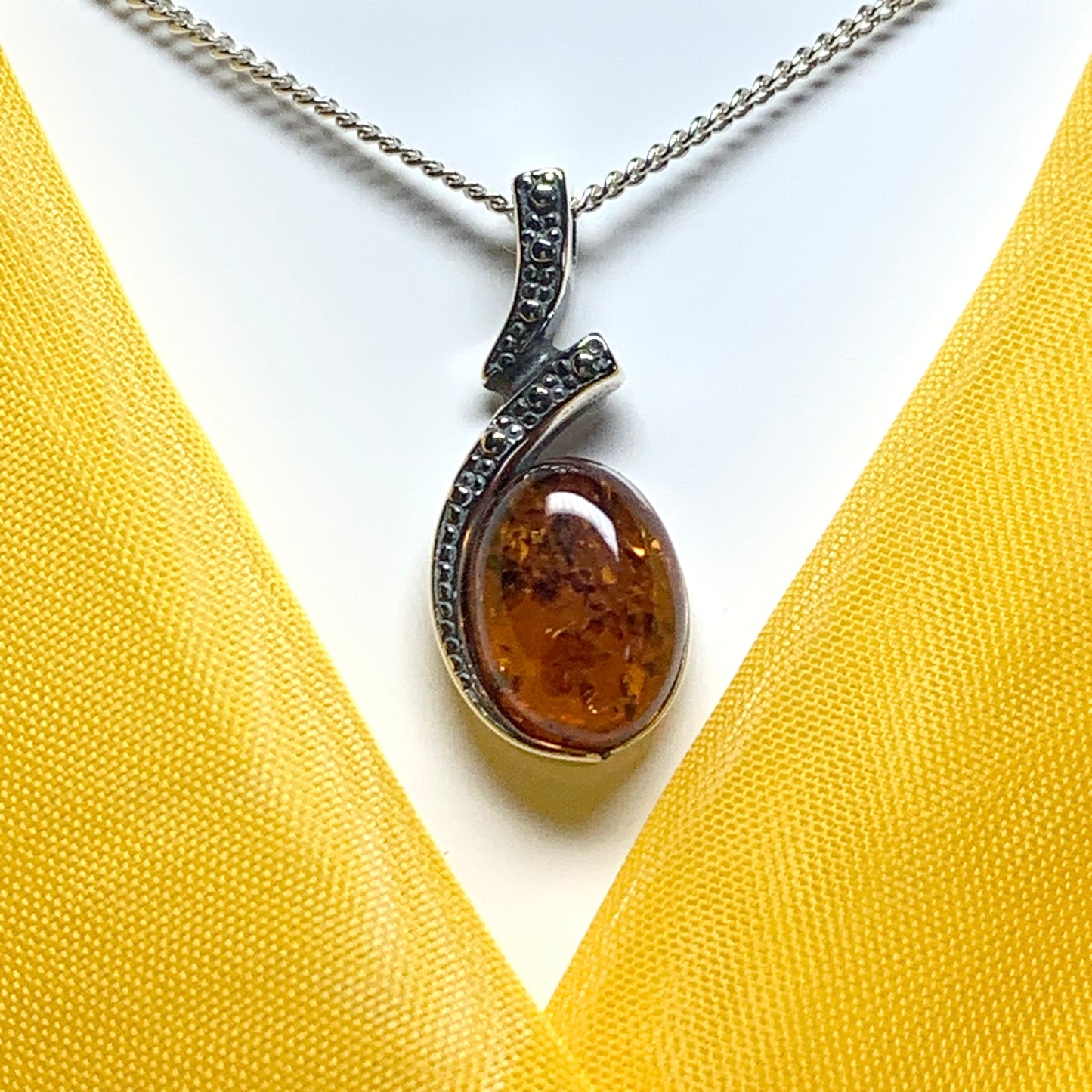 Real oval amber fancy necklace sterling silver