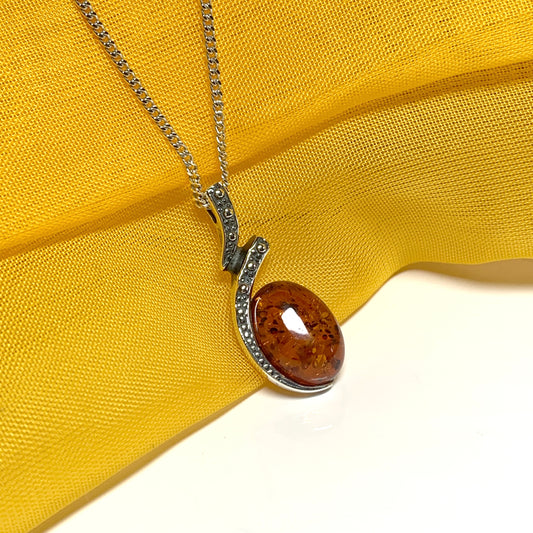 Real oval amber fancy necklace sterling silver