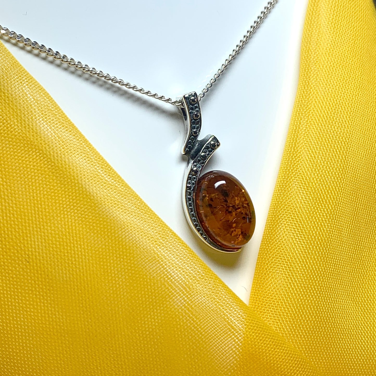 Real oval amber fancy necklace sterling silver