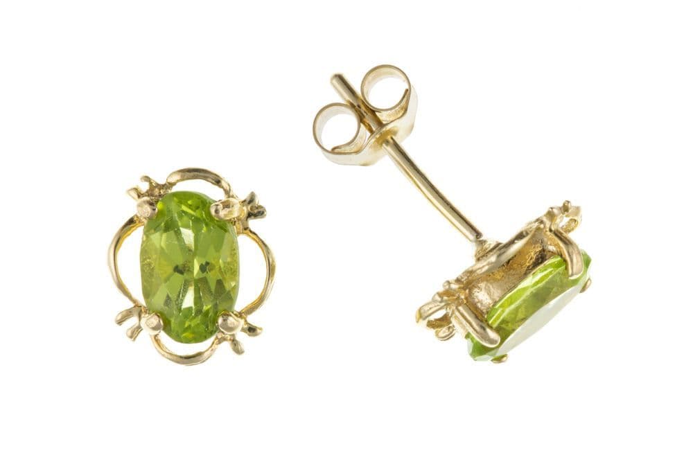 Real oval peridot stud earrings yellow gold