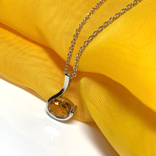 Real yellow citrine necklace oval fancy swirl sterling silver