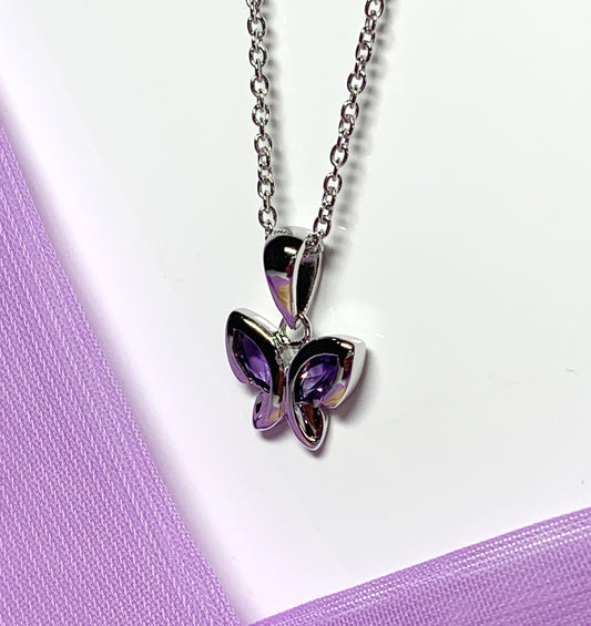 Real purple amethyst butterfly shape necklace pendant sterling silver