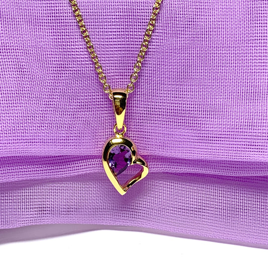 Real purple amethyst heart shape necklace pendant sterling silver gilt