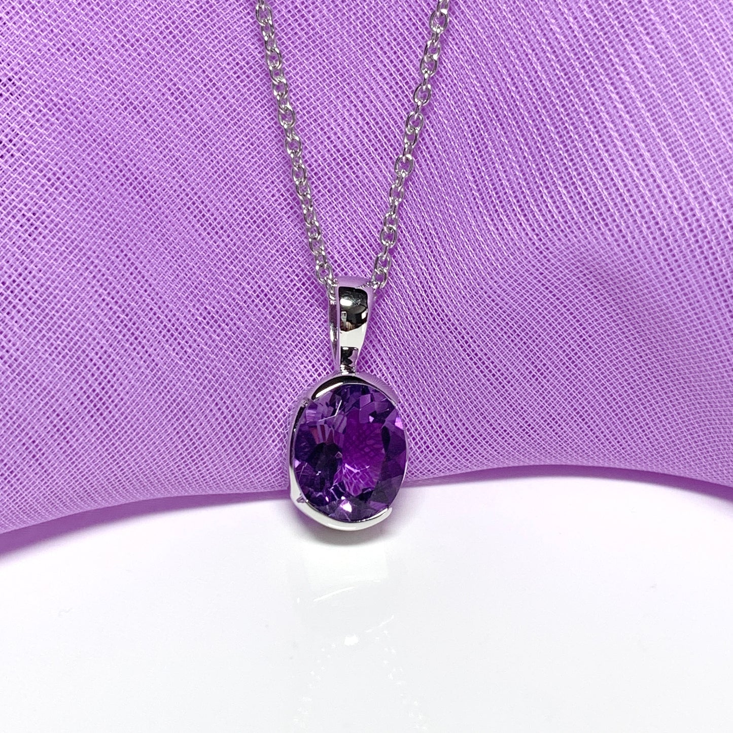 Real purple amethyst necklace pendant oval smooth rubbed over setting