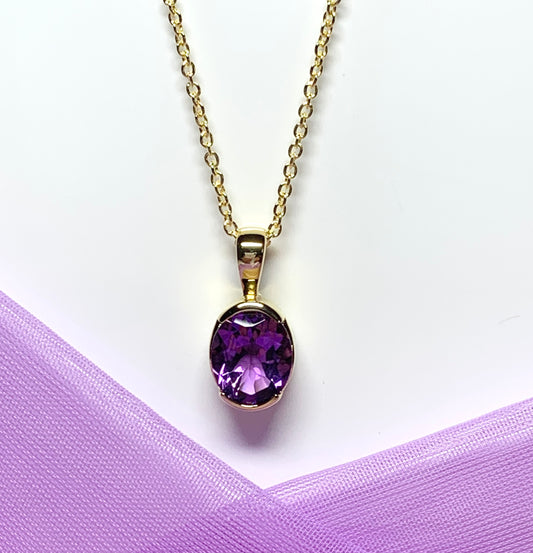 Real purple amethyst necklace pendant oval smooth rubbed over setting silver gilt