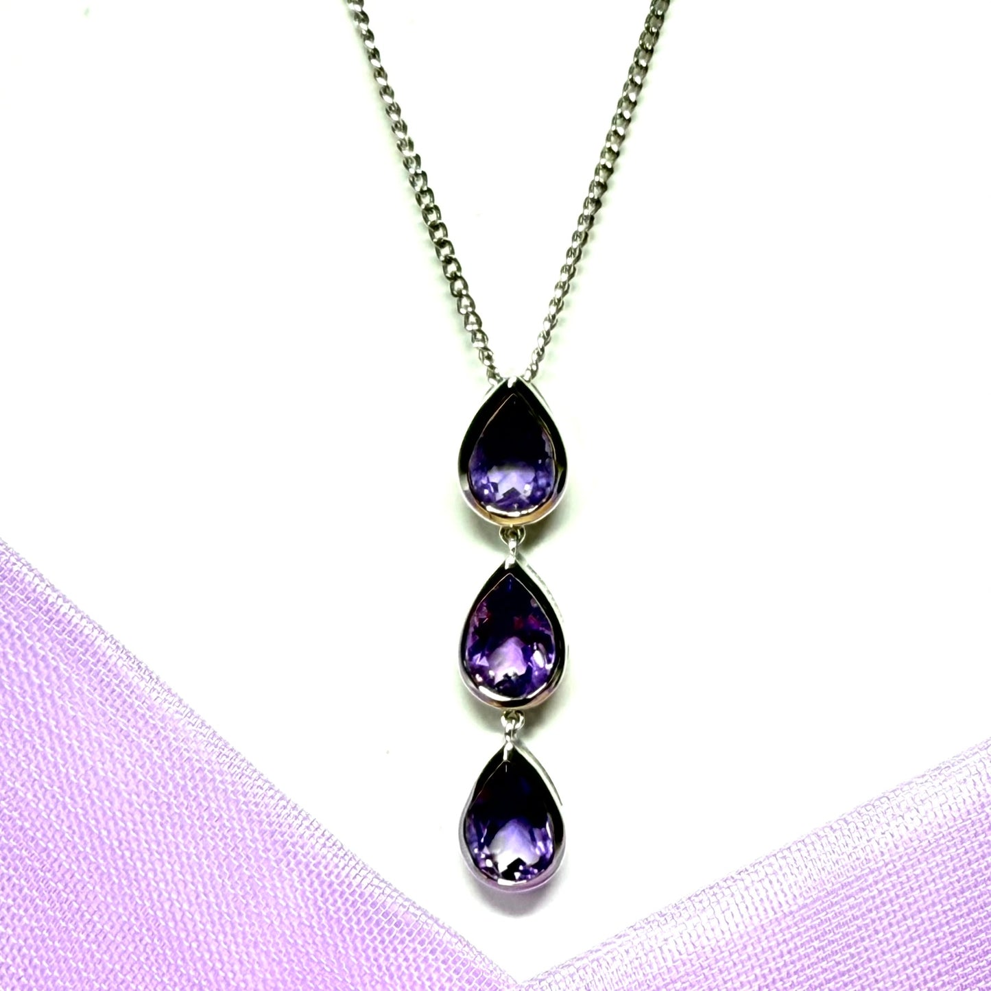 Real purple amethyst triple necklace pear shaped white gold teardrop pendant