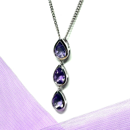 Real purple amethyst triple necklace pear shaped white gold teardrop pendant