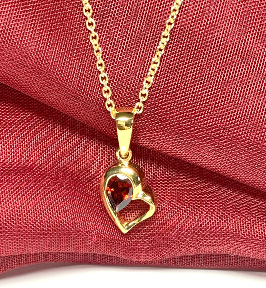 Real red garnet heart shape necklace pendant sterling silver gilt gold plating