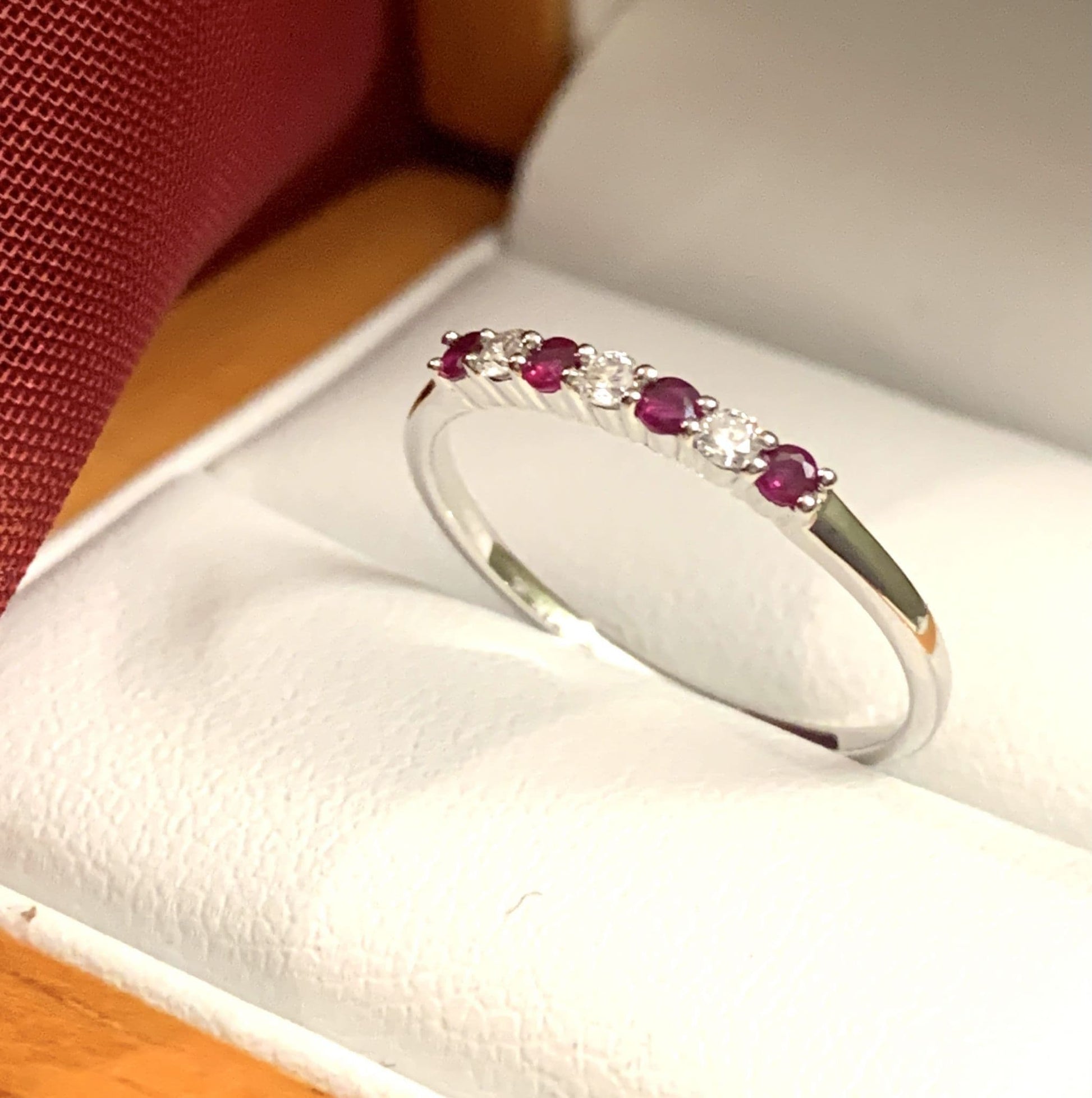 Real red ruby and diamond claw set eternity ring white gold