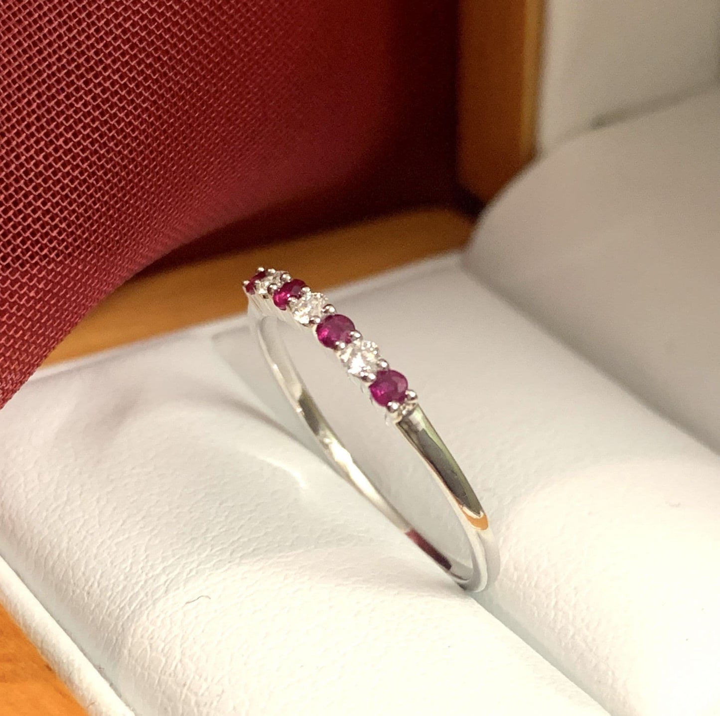 Real red ruby and diamond claw set eternity ring white gold