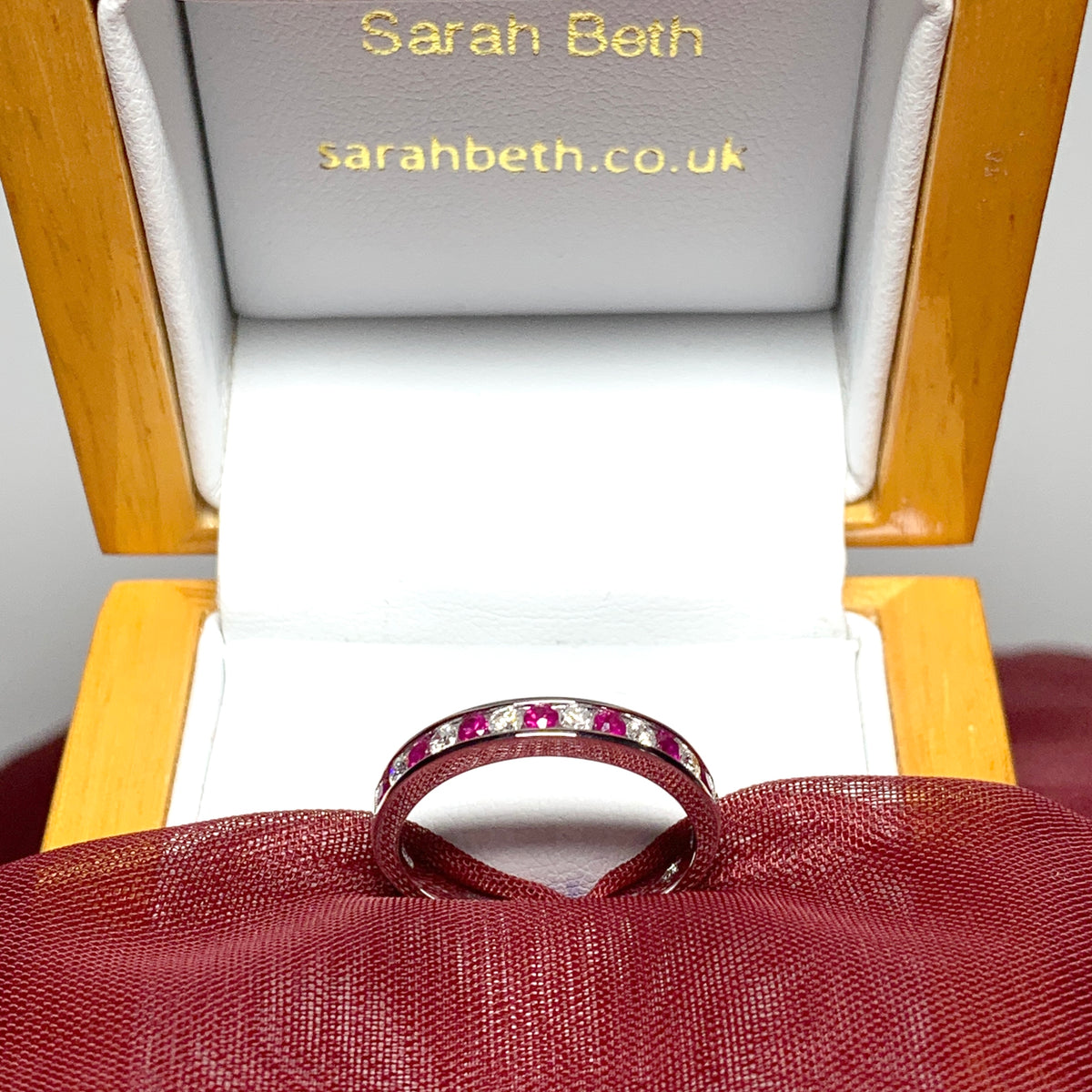Real red ruby diamond eternity channel set ring white gold