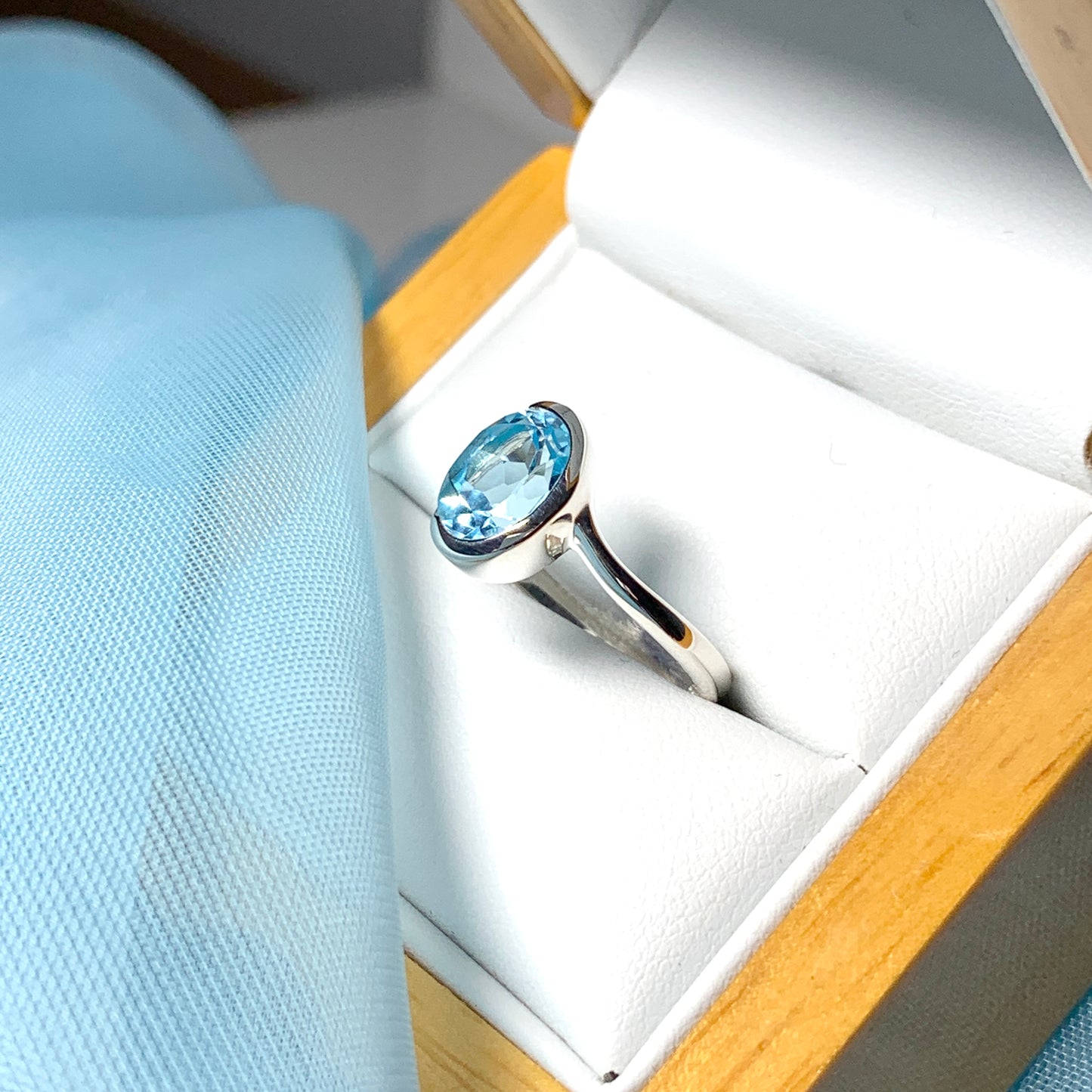 Real blue topaz ring fancy oval swirl sterling silver