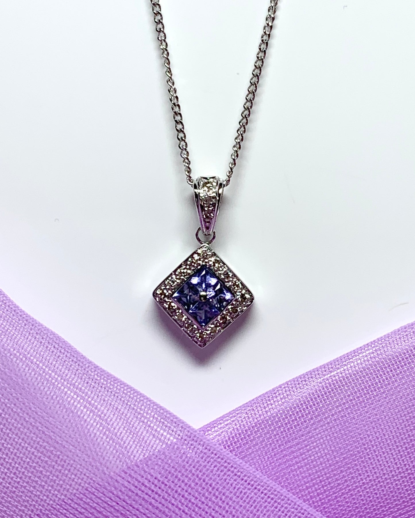 Real tanzanite and diamond necklace white gold square cluster pendant