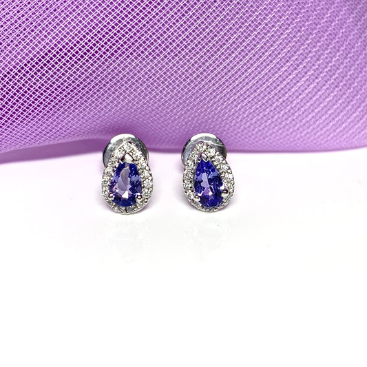 Real tanzanite and diamond white gold stud earrings