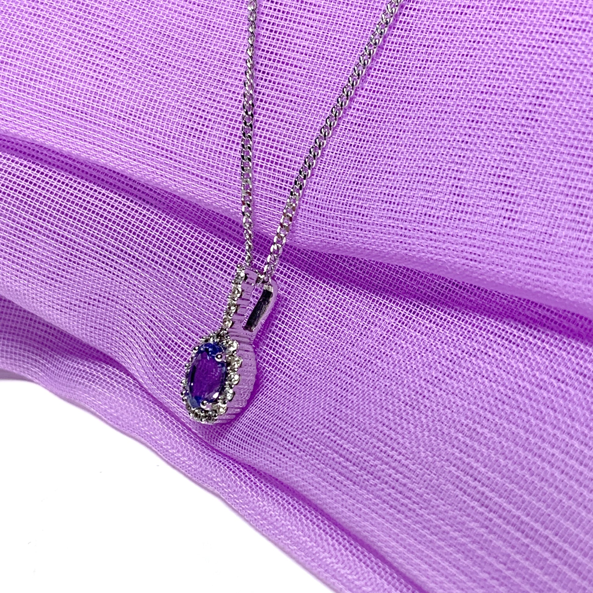 Real tanzanite and diamond white gold oval cluster necklace