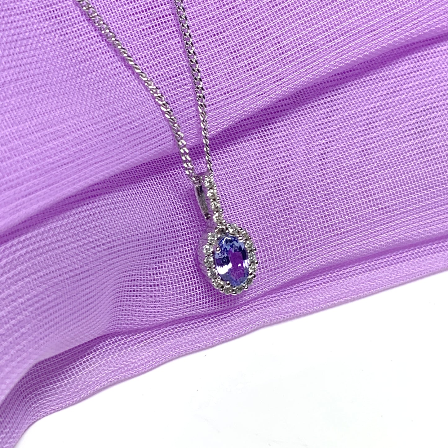 Real tanzanite and diamond white gold oval cluster necklace