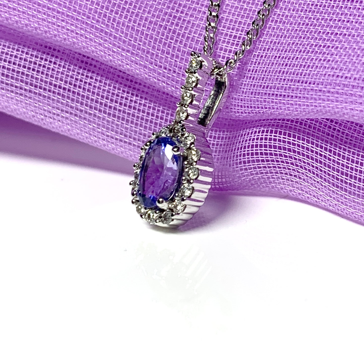 Real tanzanite and diamond white gold oval cluster necklace