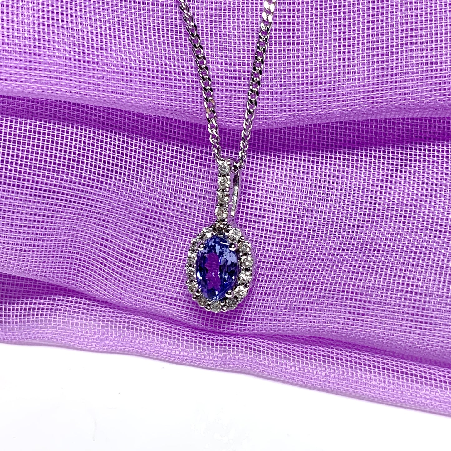 Real tanzanite and diamond white gold oval cluster necklace
